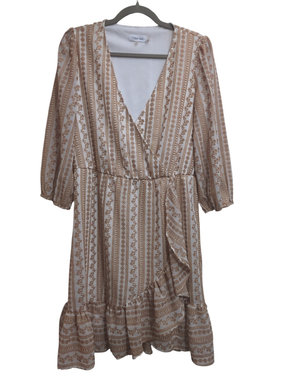 Calvin Klein Embroidered Stripe Faux Wrap Ruffle Hem Dress Size Med Cottagecore
